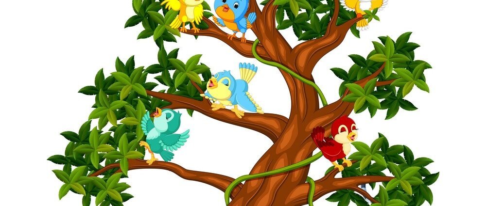many birds cartoon on the trees